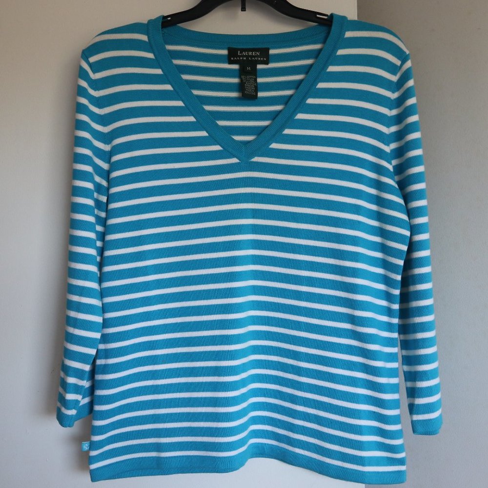 Ralph Lauren Women`s Striped M Sweater V-Neck 3/4 Sleeve Cotton Vintage Blue